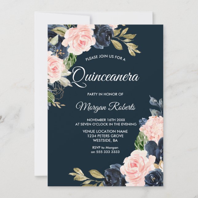 Invitation Botanique Marine & Blush Floral Quinceanera Party (Devant)