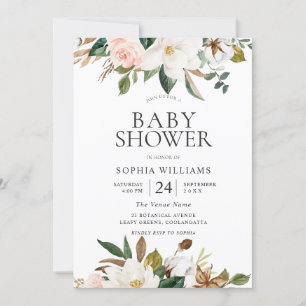 Invitation Botanique moderne Blush & Baby shower Floral blanc