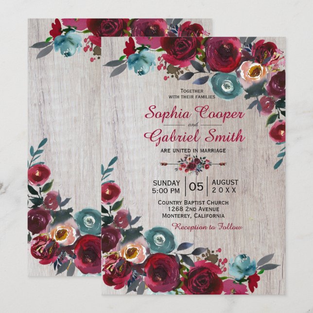 Invitation Botanique moderne Bourgogne Marine Floral Mariage  (Devant / Derrière)