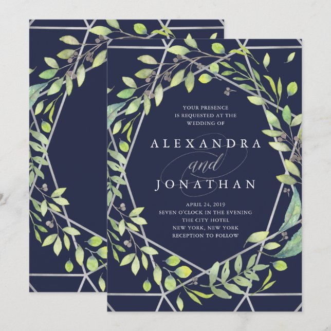 Invitation Botanique moderne | Mariage Silver Look (Devant / Derrière)