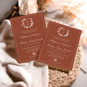 Invitation Botanique Monogram Crest Terracotta Mariage