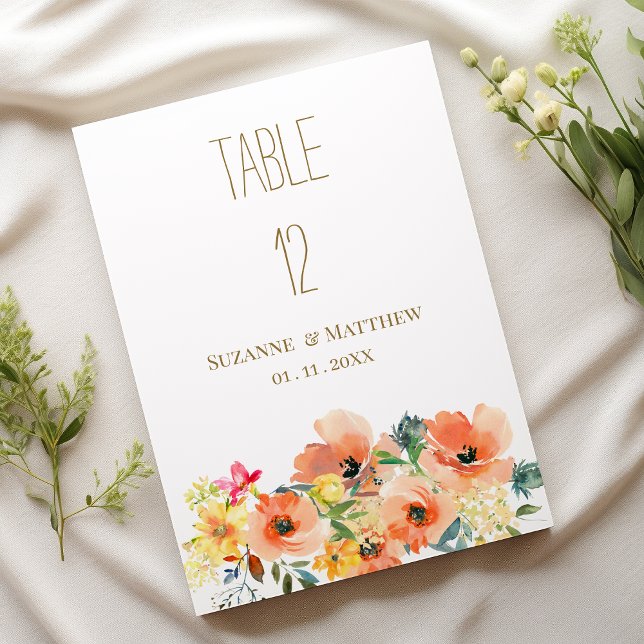 Invitation Botanique orange jaune rose floral Numéros de tabl (Botanic orange yellow pink floral Table Numbers)