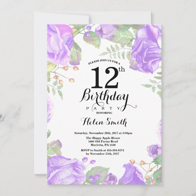 Invitation Botanique Purple Floral 12e anniversaire Invitatio (Devant)