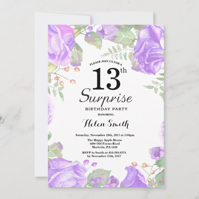 Invitation Botanique Purple Floral Surprise 13e anniversaire (Devant)