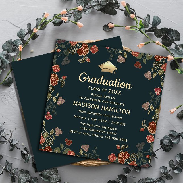 Invitation Botanique Red and Gold Graduation Party (Elegant Red and Gold Graduation Party Invitation #graduationinvitation #botanical #graduate#greenery)