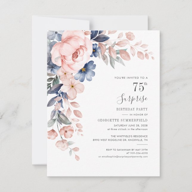 Invitation Botanique rose 75e anniversaire fleurie (Devant)