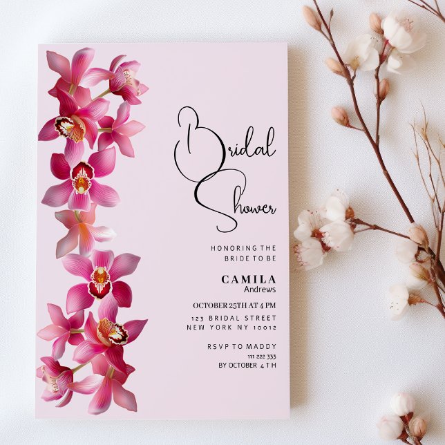 Invitation Botanique rose bordeaux orchidées Fête des mariées (Botanic pink burgundy orchids flower Bridal Shower)