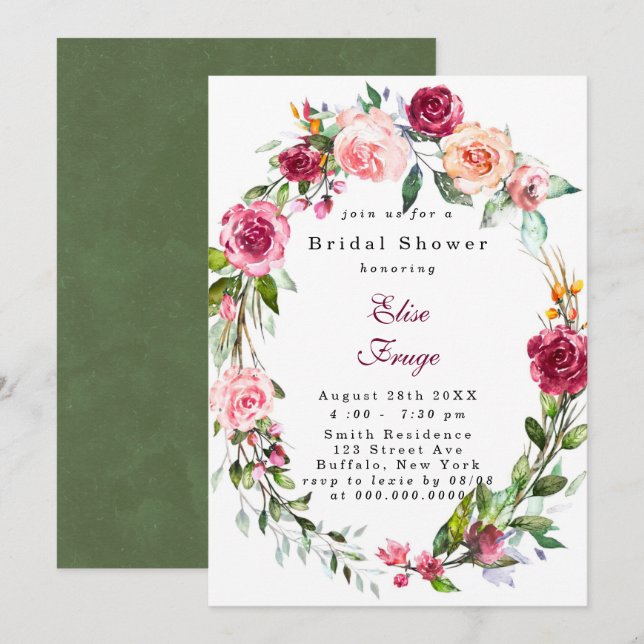 Invitation Botanique rose Bourgogne Fête des mariées florale (Devant / Derrière)