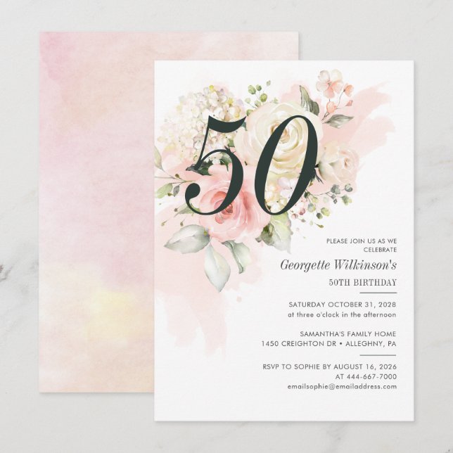 Invitation Botanique rose florale 50e fête d'anniversaire (Devant / Derrière)