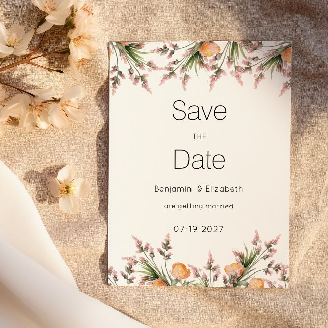 Invitation Botanique rose orange fleurs d'été Enregistrer la  (Botanical pink orange summer flowers Save the Date )