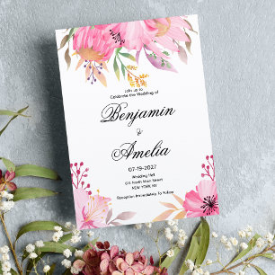 Invitation Botanique rose orangé fleurs Mariage