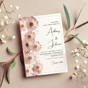 Invitation Botanique rose pâle doré marguerite Mariage floral