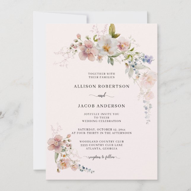 Invitation Botanique rose pâle Fleur sauvage Mariage floral (Devant)