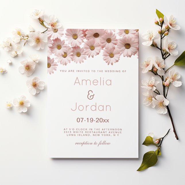 Invitation Botanique rose pâle marron marron marron Mariage (Botanical blush pink brown daisy floral Wedding)