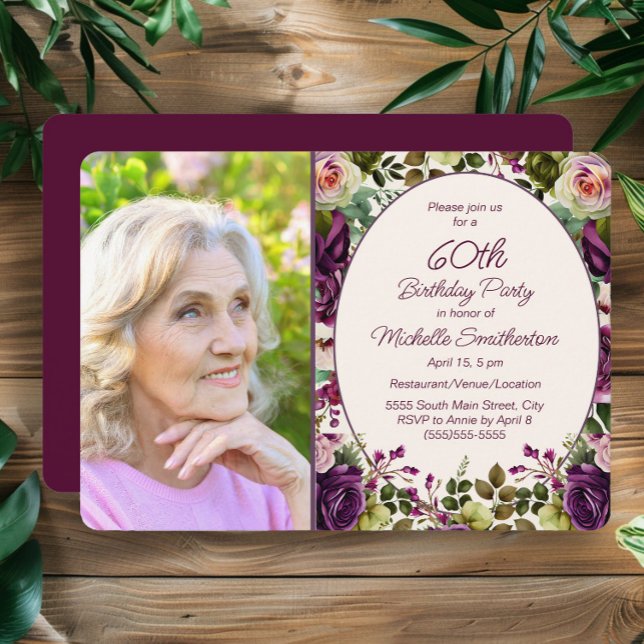 Invitation Botanique rose pourpre 60e anniversaire Photo (Elegant purple watercolor floral 60th birthday party photo invitation)