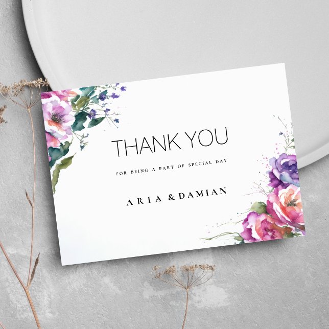 Invitation Botanique rose violet corail vert flore Merci (Botanical pink purple coral green flora Thank You)