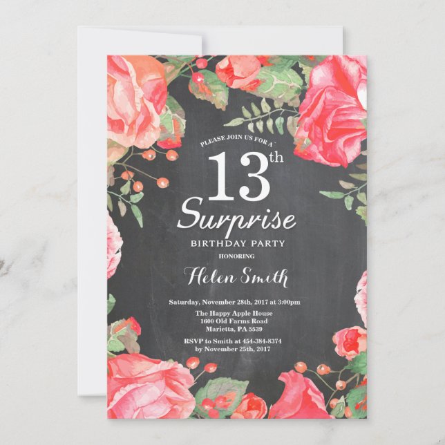 Invitation Botanique Rouge Floral Surprise 13e anniversaire (Devant)