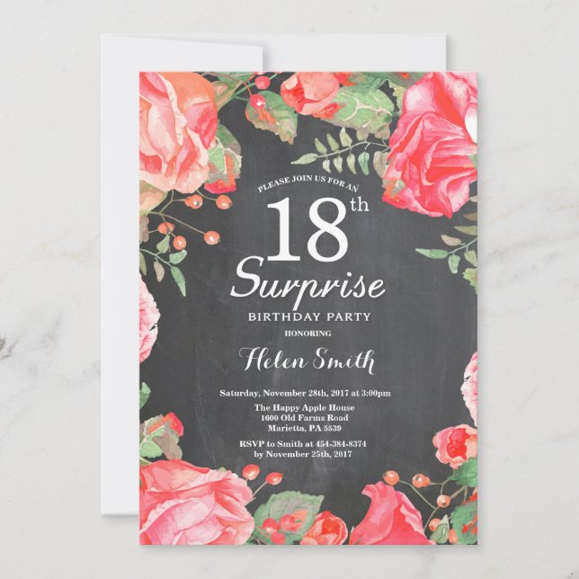 Invitation Botanique Rouge Floral Surprise 18e anniversaire (Devant)