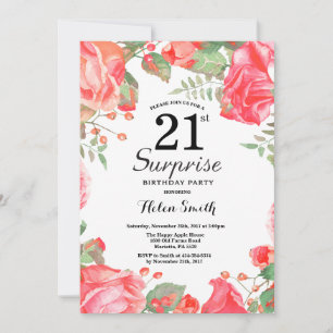 Invitation Botanique Rouge Floral Surprise 21e anniversaire