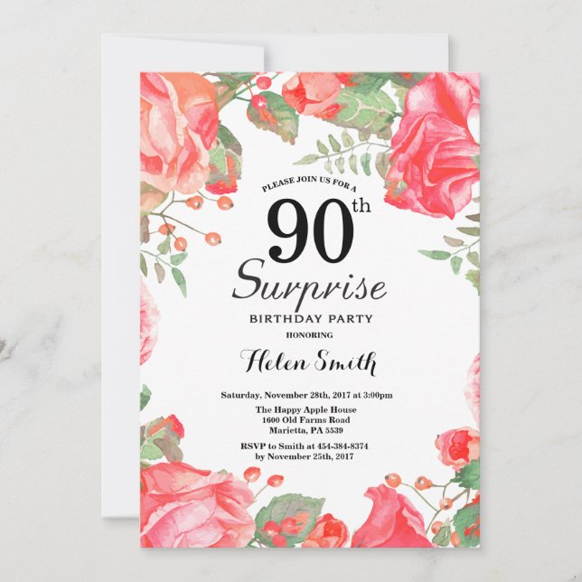 Invitation Botanique Rouge Floral Surprise 90e anniversaire (Devant)