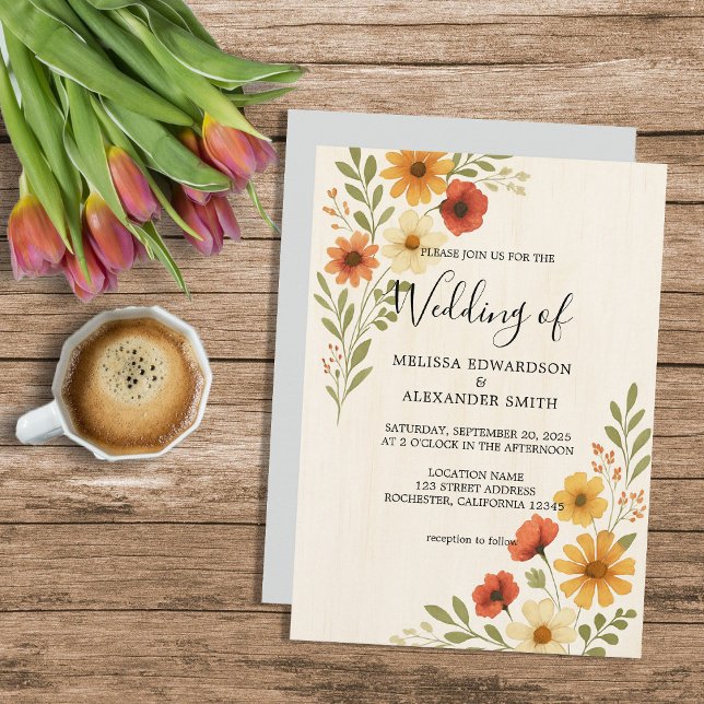 Invitation Botanique rustique fleurs d'aquarelle mariage (Rustic botanical watercolor flowers boho wedding invitation.)