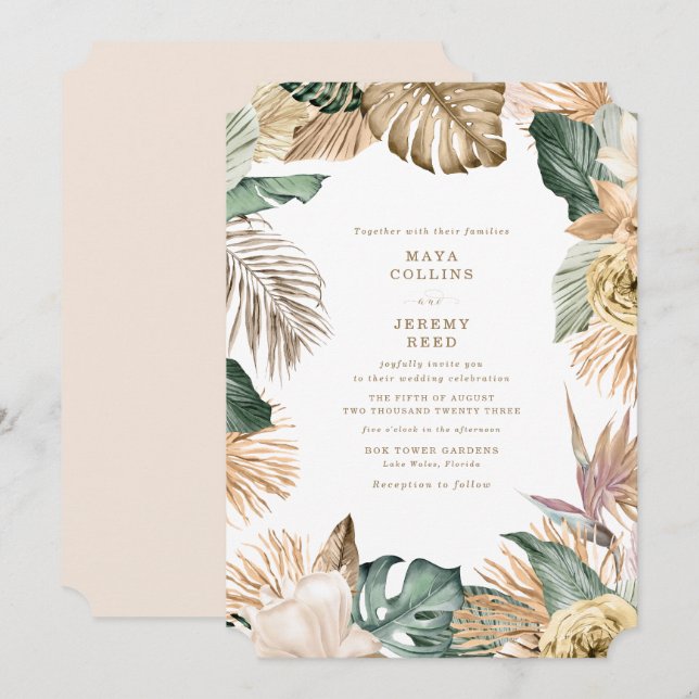 Invitation Botanique Tropical Floral Mauve Mariage (Devant / Derrière)