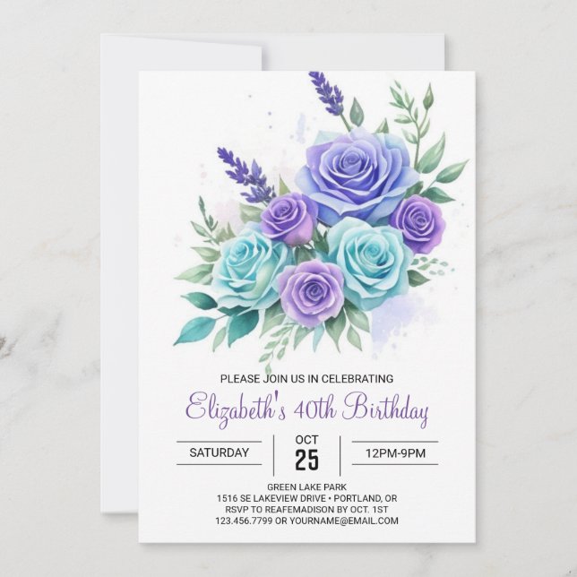 Invitation Botanique Turquoise Floral Surprise 40e anniversai (Devant)