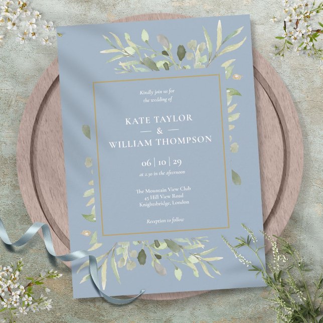 Invitation Botanique Verdure Foliage Dusty Blue Mariage (Botanical Greenery Foliage Dusty Blue Wedding Invitation)