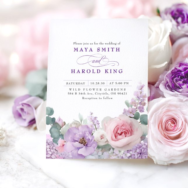 Invitation Botanique violet et rose Mariage floral Boho (Purple and Pink Flowers Wedding Invitations)