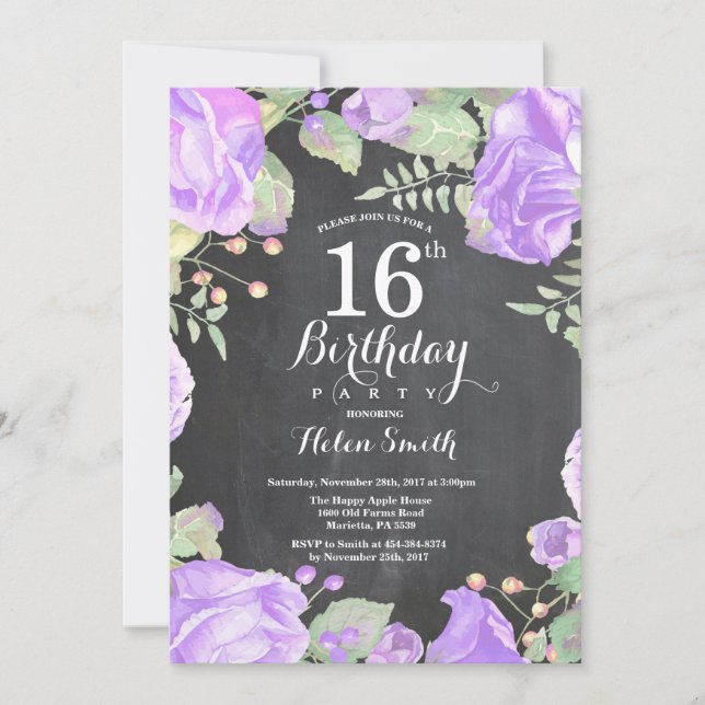 Invitation Botanique Violet Floral 16e anniversaire Invitatio (Devant)