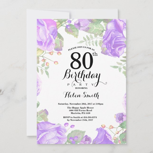 Invitation Botanique Violet Floral 80e anniversaire Invitatio (Devant)