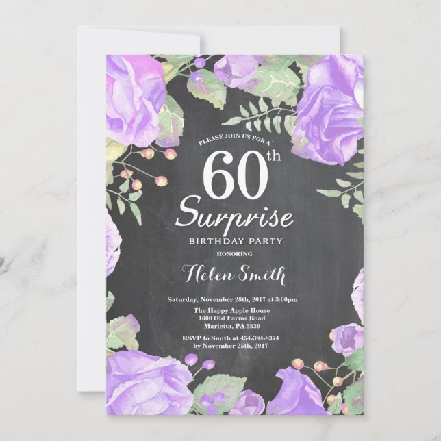 Invitation Botanique Violet Floral Surprise 60e anniversaire (Devant)