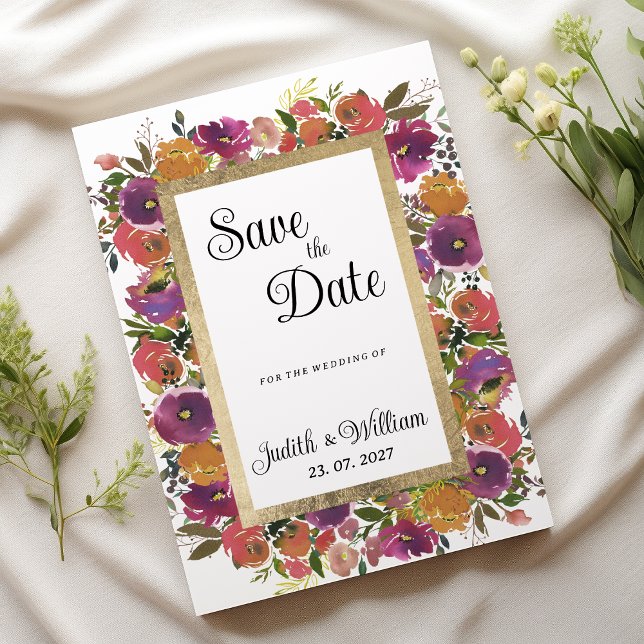 Invitation Botanique violet orange rose floral Enregistrer la (Botanic purple orange pink floral Save the Date)