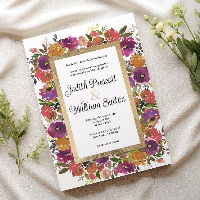 Invitation Botanique violet orange rose mariage floral (Botanic purple orange pink gold floral wedding )