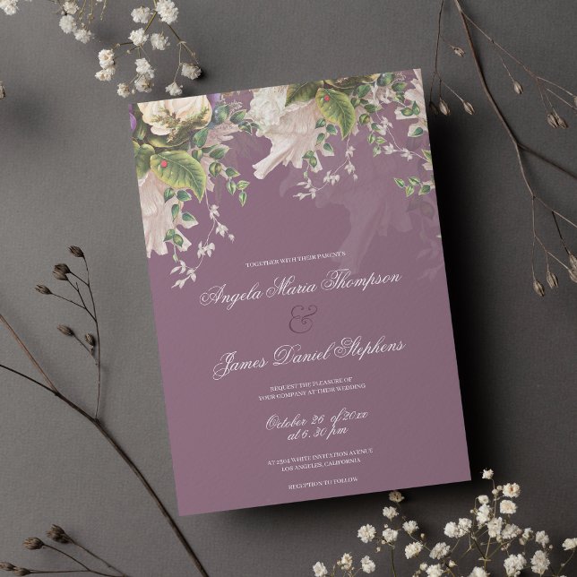 Invitation Botanique violet vert vert ivoire rose mariage flo (Botanical purple green pink ivory floral wedding invitation)
