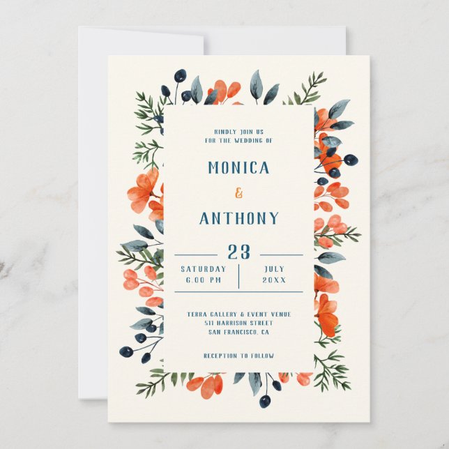 Invitation Botaniques en fleurs Orange Floral Bleu Vert (Devant)