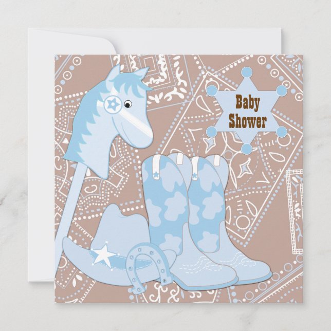 Invitation Botte de cowboy bleu Brown Baby shower (Devant)