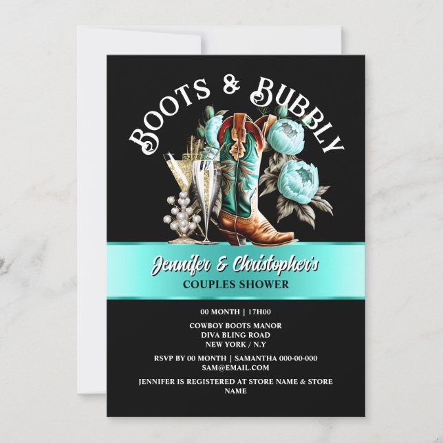 Invitation Botte de cowboy occidentale noir turquoise bulle c (Devant)