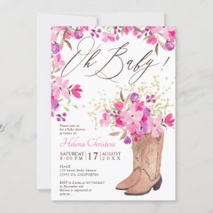 Invitation Botte de cowboy rustique baby shower à fleurs rose
