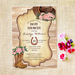 Invitation Botte de cowboy rustique sentie casquette pivoines