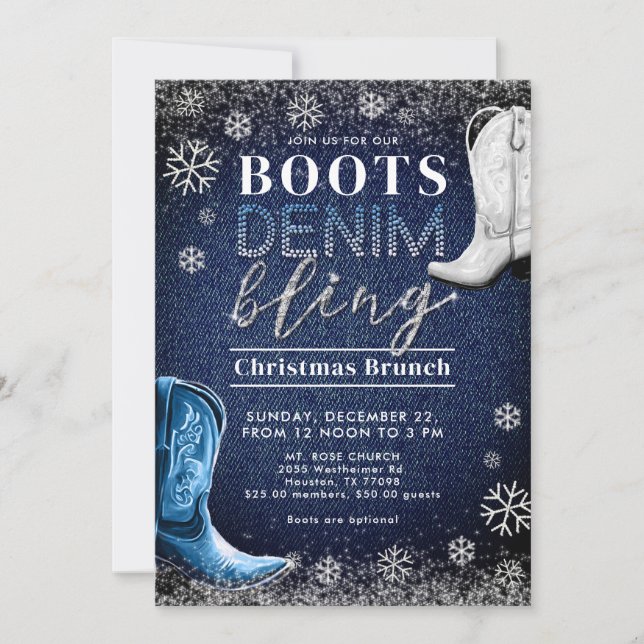 Invitation Botte Denim Bling Cadre de neige Bleu Noël (Devant)