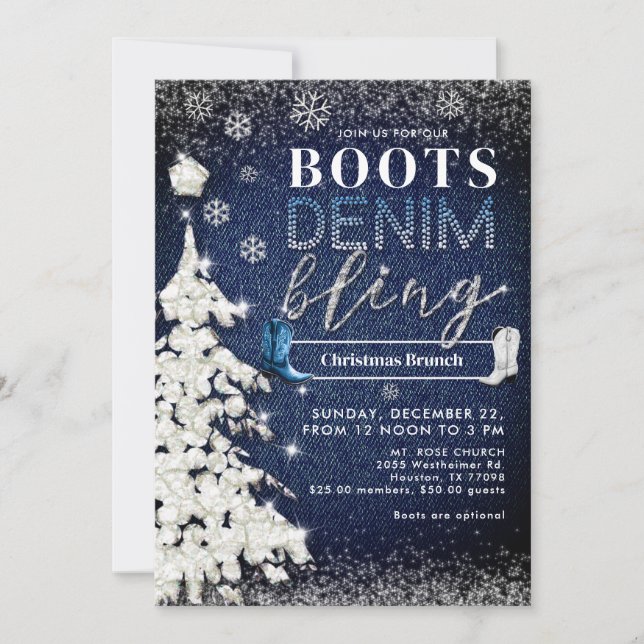 Invitation Botte Denim Bling Snow Tree Christmas Church Party (Devant)