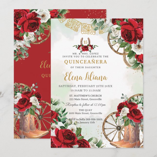 Invitation Botte rouge blanc floral Charro doux 16 Quinceañer (Devant / Derrière)
