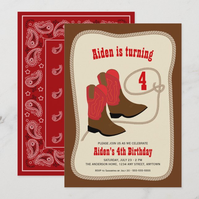 Invitation Botte rouge Cowboy | Boys Western Birthday Party (Devant / Derrière)