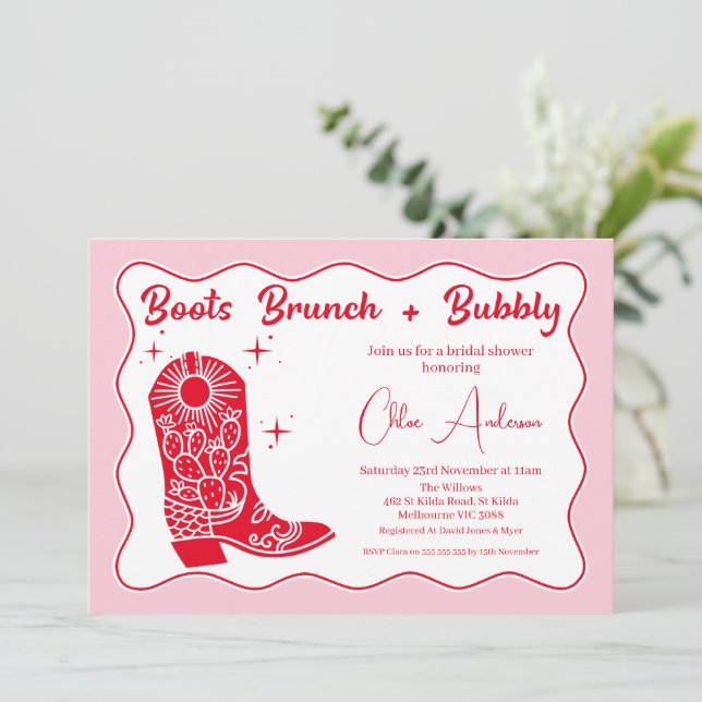 Invitation Botte rouge rétro Brunch Fête des mariées Bubbly (Debout devant)