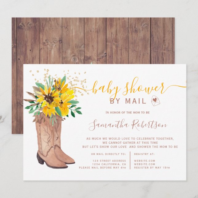 Invitation Botte rustique baby shower aquarelle par courrier  (Devant / Derrière)