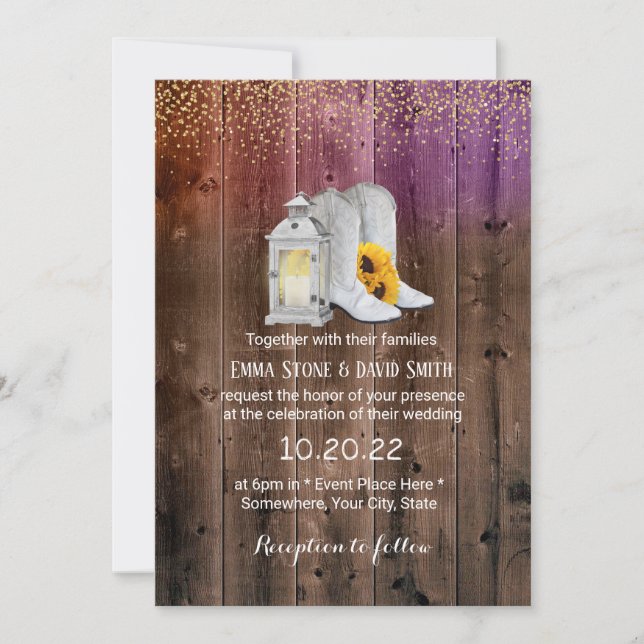 Invitation Botte rustique Cowboy Lantern Mariage Confetti Or (Devant)