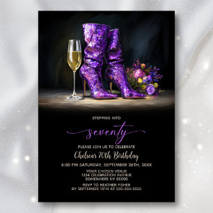 Invitation Bottes à paillettes violettes Fête des 70 ans