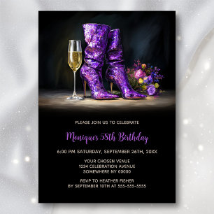 Invitation Bottes à paillettes violettes pour fête d'annivers