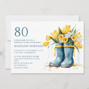 Invitation Bottes bleues arc-en-ciel Tulipes jaunes 80e anniv